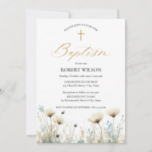 Invitación Duste Blue Floral Cross Boy Christening Baptism
