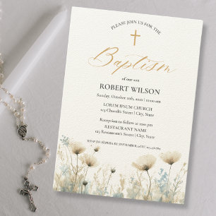 Invitación Duste Blue Floral Cross Boy Christening Baptism