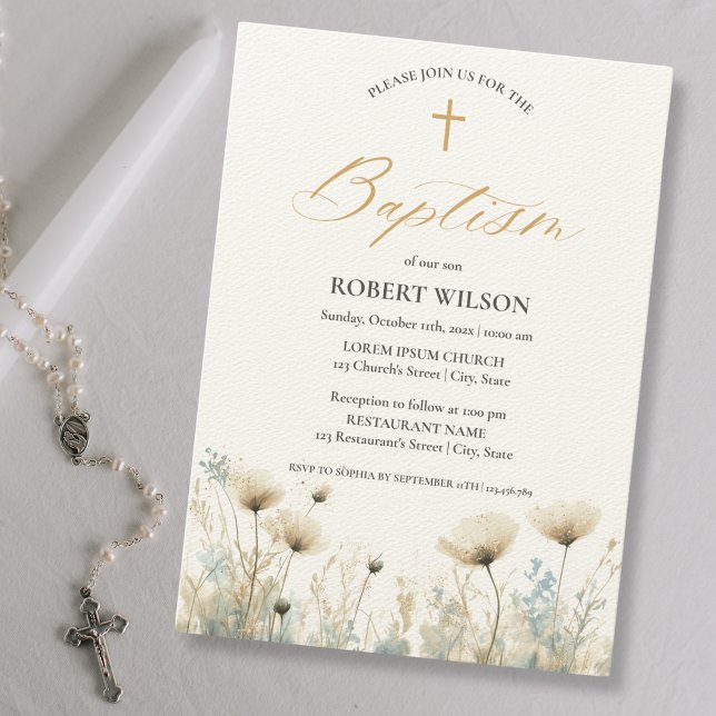 Invitación Duste Blue Floral Cross Boy Christening Baptism (Subido por el creador)