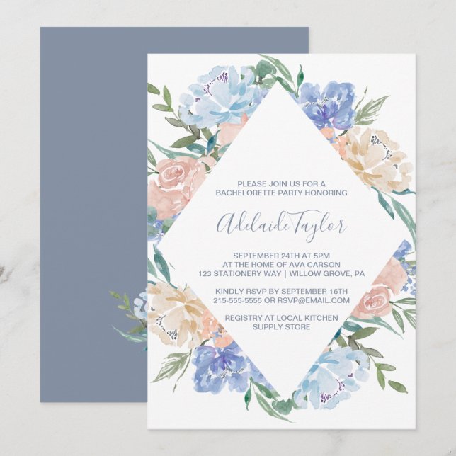 Invitación Duste Blue Floral Diamond Bachelorette (Anverso / Reverso)
