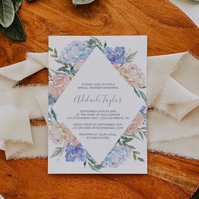 Invitación Duste Blue Floral Diamond Bridal Shower (Subido por el creador)