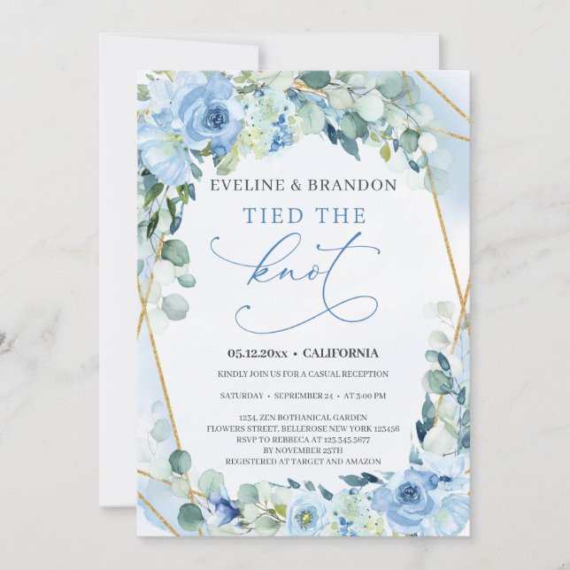 Invitación Duste Blue Floral Gold Geométrico atado al nudo (Anverso)