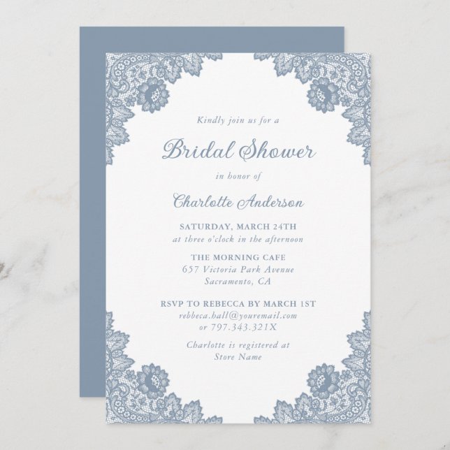 Invitación Duste Blue Floral Lace Bridal Shower (Anverso / Reverso)