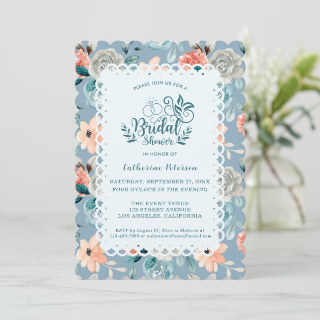 Invitación Duste Blue Floral Lace | Caligrafía decorativa (Anverso de pie)