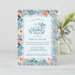 Invitación Duste Blue Floral Lace Caligrafía decorativa