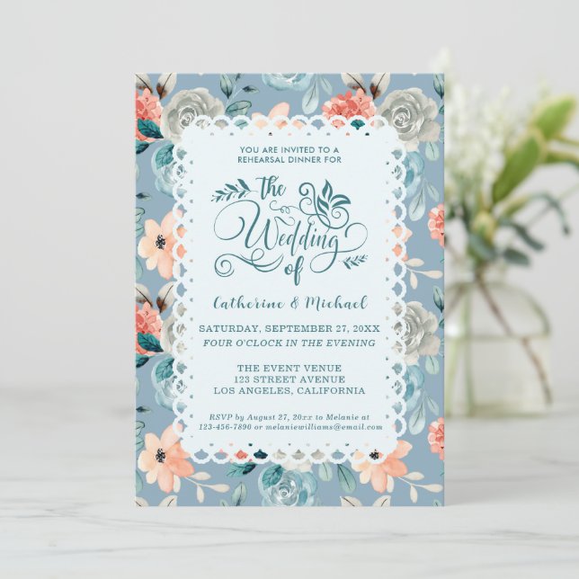 Invitación Duste Blue Floral Lace | Caligrafía decorativa (Anverso de pie)