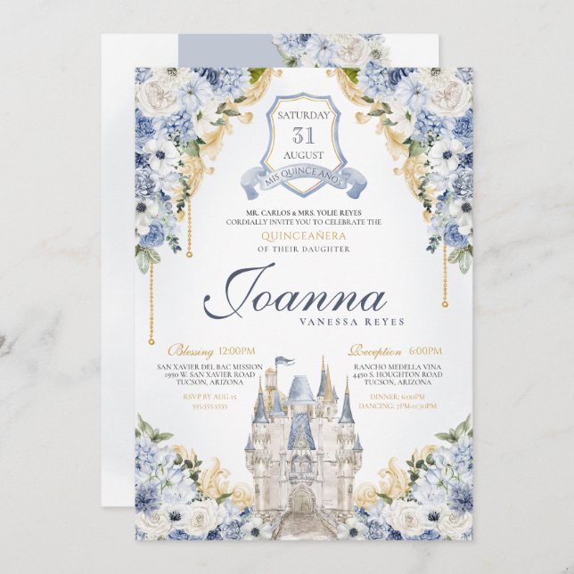 Invitación Duste Blue Floral Princess Castle Royal Quince (Anverso / Reverso)
