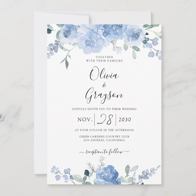 Invitación Duste Blue Floral QR Code RSVP Todo En Un Boda (Anverso)