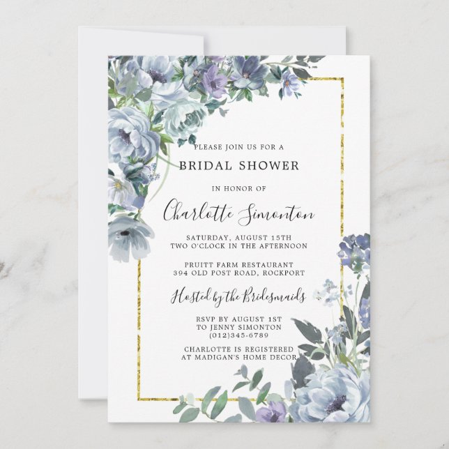 Invitación Duste Blue Floral Rustic Bridal Shower (Anverso)