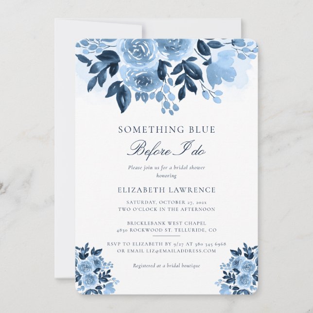 Invitación Duste Blue Floral Script Bridal Shower (Anverso)