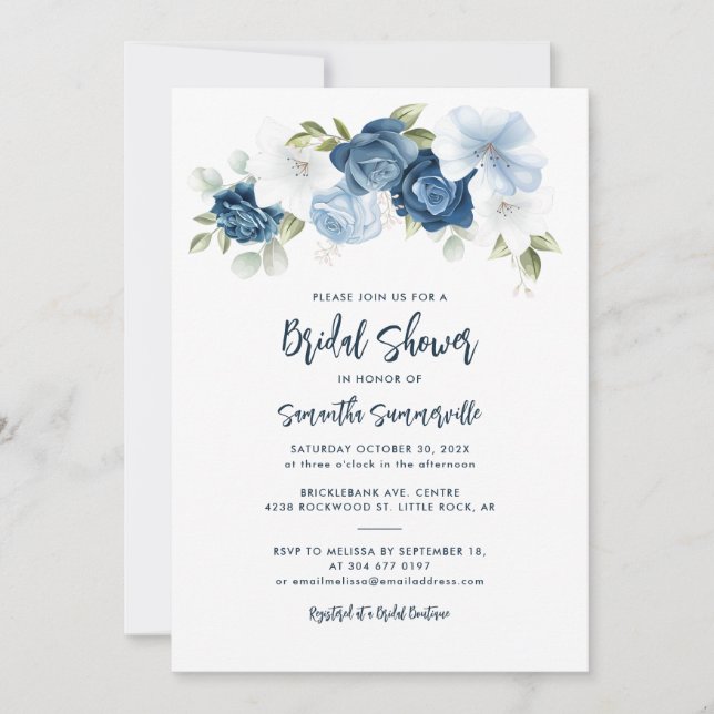 Invitación Duste Blue Floral Script Bridal Shower (Anverso)
