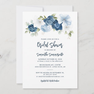 Invitación Duste Blue Floral Script Bridal Shower