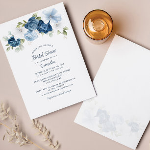 Invitación Duste Blue Floral Script Bridal Shower