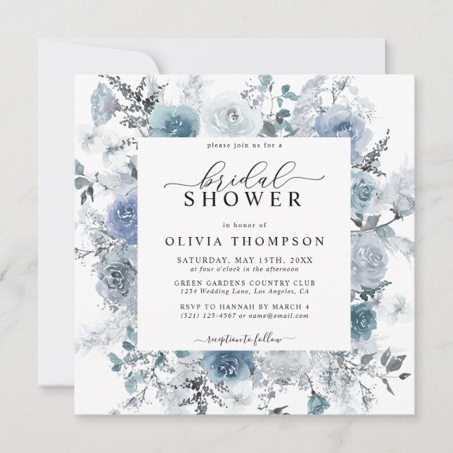 Invitación Duste Blue Floral Slate Pastel Boho Bridal Shower (Anverso)