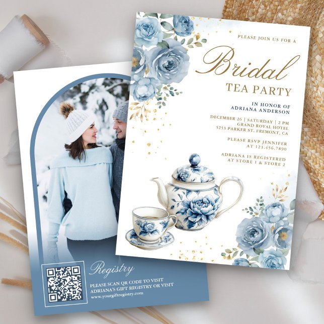Invitación Duste Blue Floral Tea Fiesta QR Código Ducha de no (Subido por el creador)