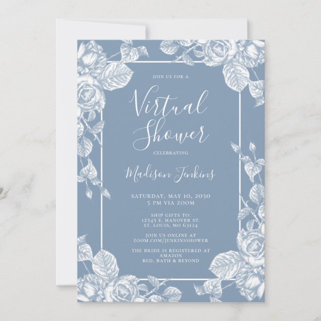 Invitación Duste Blue Floral Virtual Bridal Shower (Anverso)