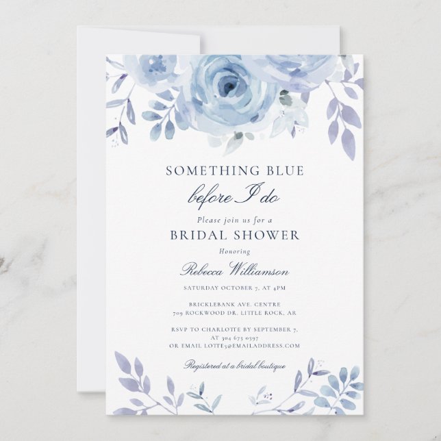 Invitación Duste Blue Floral Watercolor Bridal Shower (Anverso)