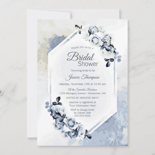 Invitación Duste Blue Floral Watercolor Bridal Shower (Anverso)