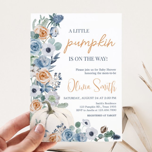 Invitación Duste Blue Floral White Pumpkin Baby Shower (Blue Floral Pumpkin Baby Shower Invitation)