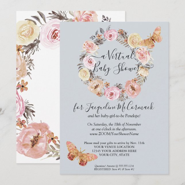 Invitación Duste Blue Floral Wreath Butterfly Virtual Shower (Anverso / Reverso)