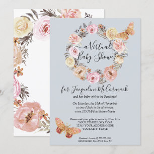 Invitación Duste Blue Floral Wreath Butterfly Virtual Shower