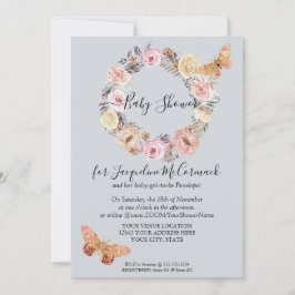 Invitación Duste Blue Floral Wreath Butterfly Virtual Shower