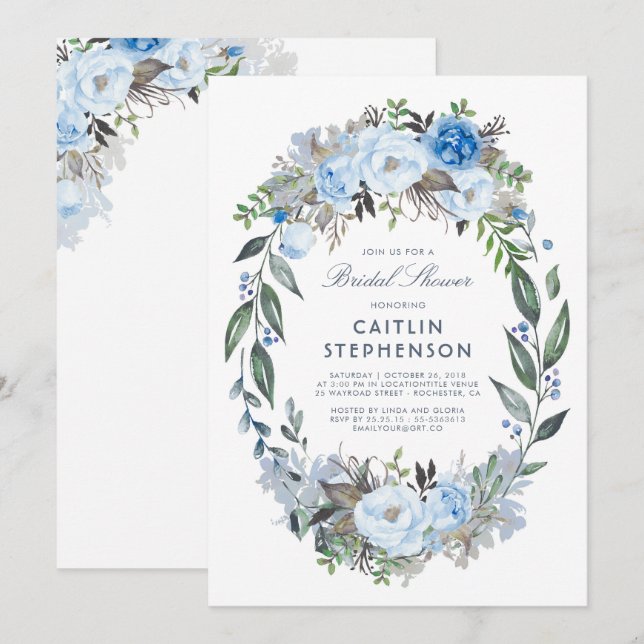 Invitación Duste Blue Floral Wreath Elegant Bridal Shower (Anverso / Reverso)