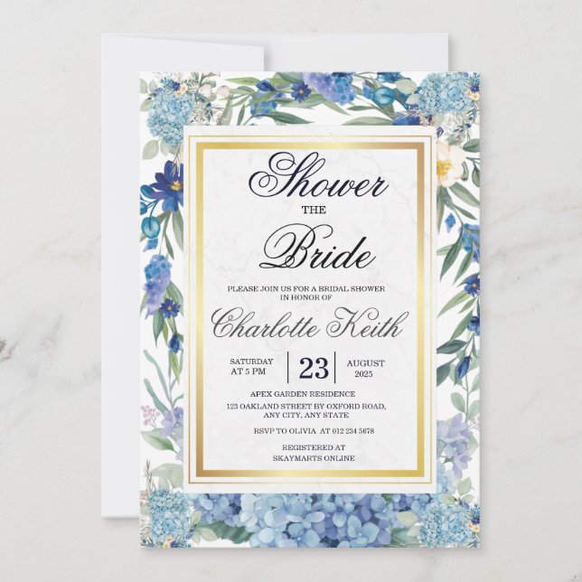 Invitación Duste Blue Floral Wreath Greenery Bridal Shower (Anverso)