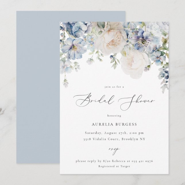 Invitación Duste Blue Garden Floral Bridal Shower (Anverso / Reverso)