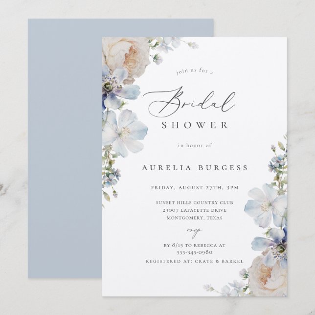 Invitación Duste Blue Garden Floral Bridal Shower (Anverso / Reverso)