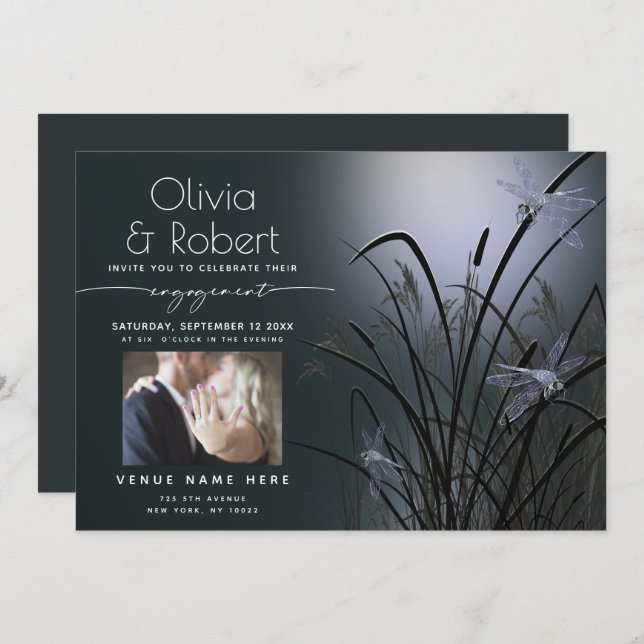 Invitación Duste Blue Glow Engagement Moonlight Dragonfly (Anverso / Reverso)
