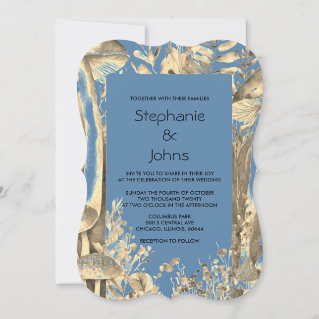 Invitación Duste Blue Gold Artistic Mushroom Woodland Boda (Anverso)