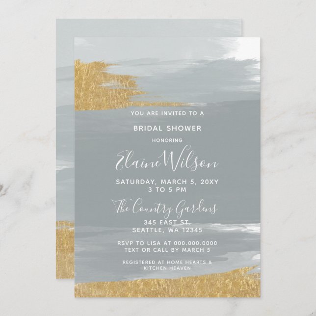 Invitación Duste Blue Gold Caligraphy Bridal Shower (Anverso / Reverso)