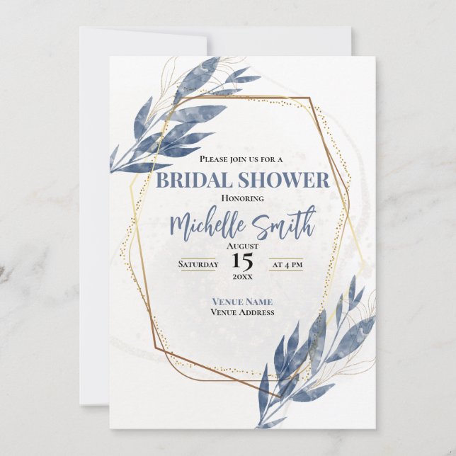 Invitación Duste Blue Gold Eucalyptus Floral Bridal Shower (Anverso)