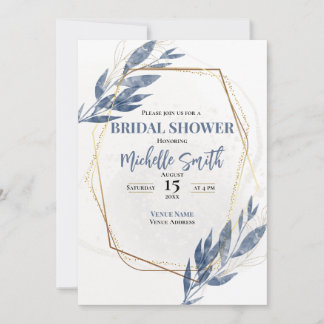 Invitación Duste Blue Gold Eucalyptus Floral Bridal Shower