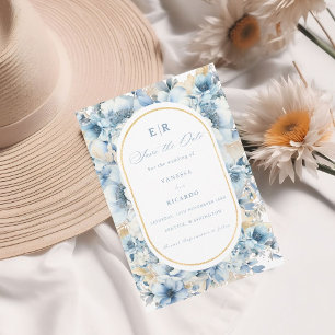 Invitación Duste Blue Gold Floral Bloom todo en un Boda