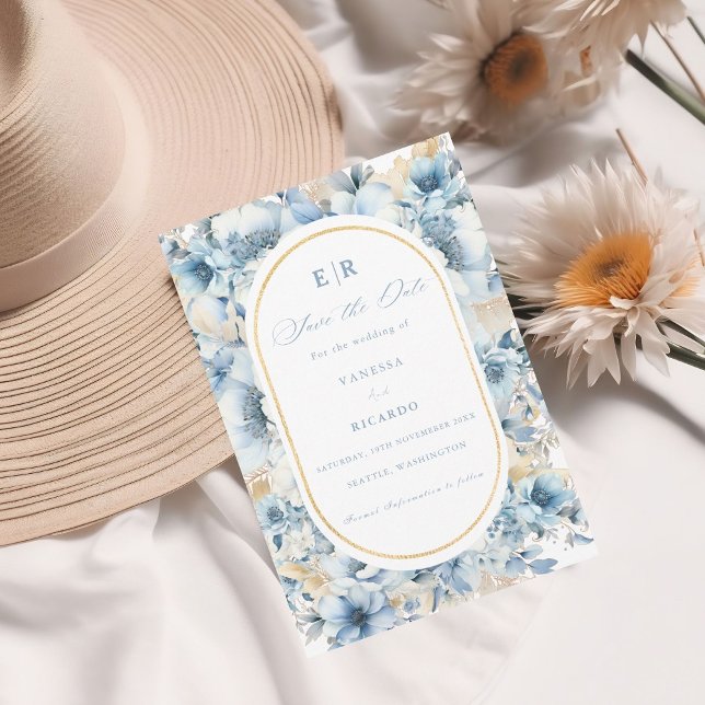 Invitación Duste Blue Gold Floral Bloom todo en un Boda (Subido por el creador)