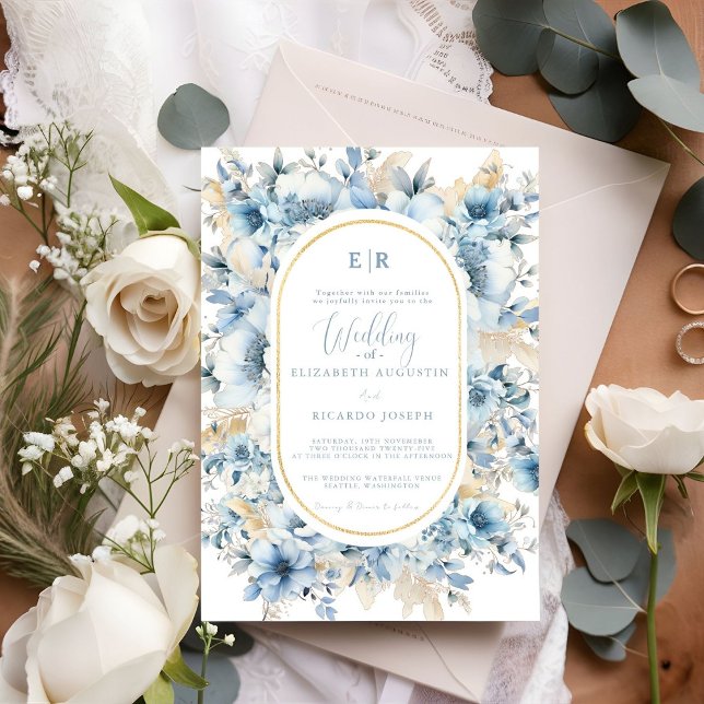 Invitación Duste Blue Gold Floral Bloom todo en un Boda (Subido por el creador)