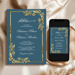 Invitación Duste Blue Gold Floral Border Boda Islámico