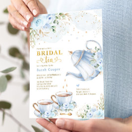 Invitación Duste Blue Gold Floral Bridal Shower Tea Fiesta