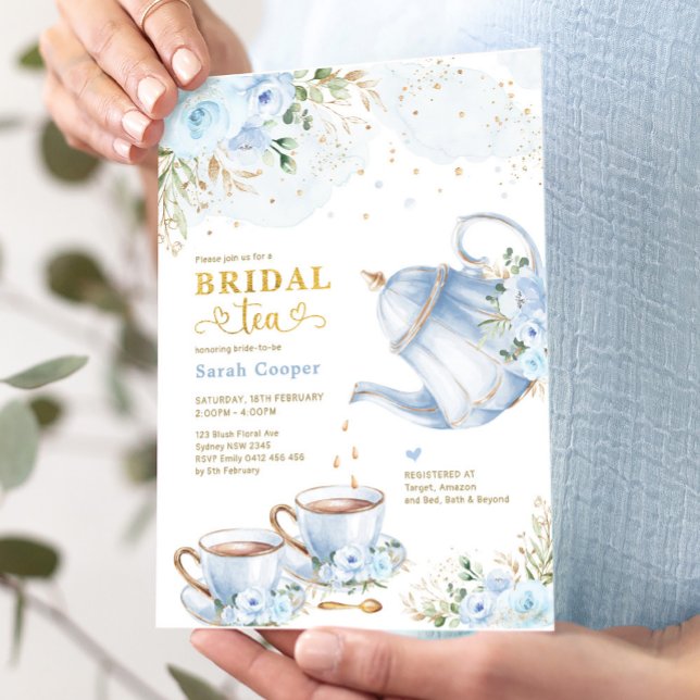 Invitación Duste Blue Gold Floral Bridal Shower Tea Fiesta (Subido por el creador)