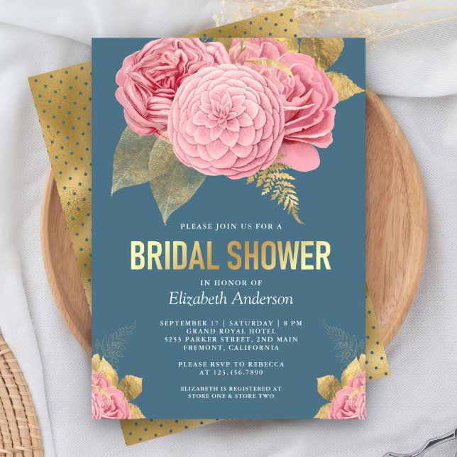 Invitación Duste Blue Gold Floral Pink Floral Bridal Shower (Subido por el creador)
