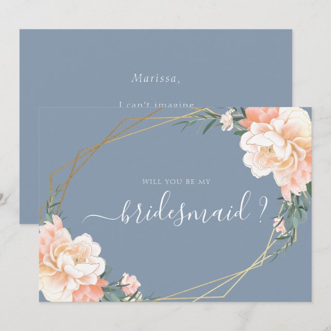 Invitación Duste Blue Gold Floral Serás Mi Novia (Anverso / Reverso)
