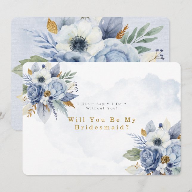 Invitación Duste Blue Gold Peony Serás Mi Novia (Anverso / Reverso)