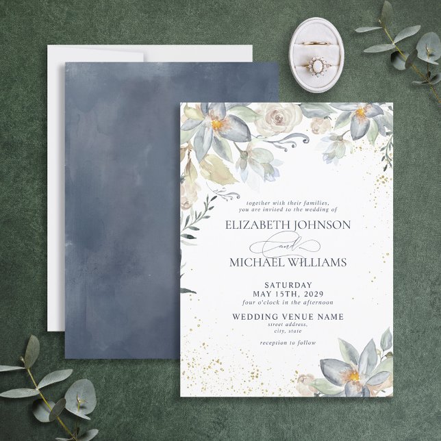 Invitación Duste Blue Gold Watercolor Floral Script Boda (Subido por el creador)