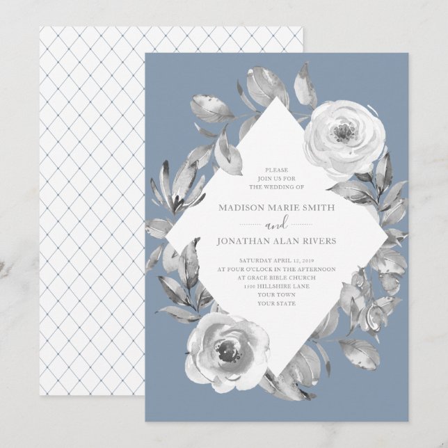 Invitación Duste Blue Gray Floral Diamond Boda (Anverso / Reverso)