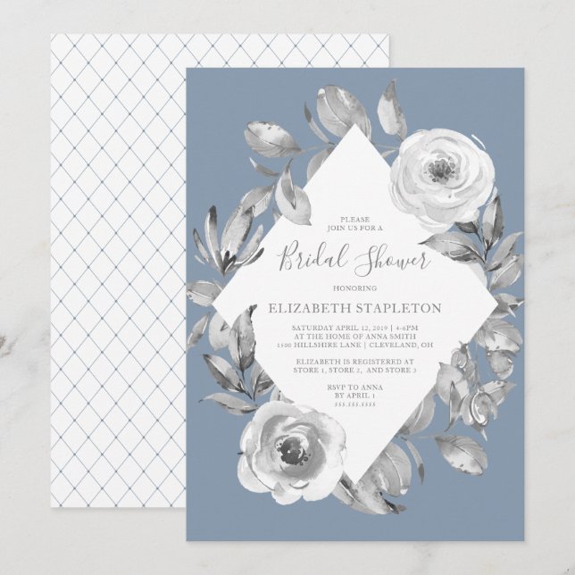 Invitación Duste Blue Gray Floral Diamond Bridal Shower (Anverso / Reverso)