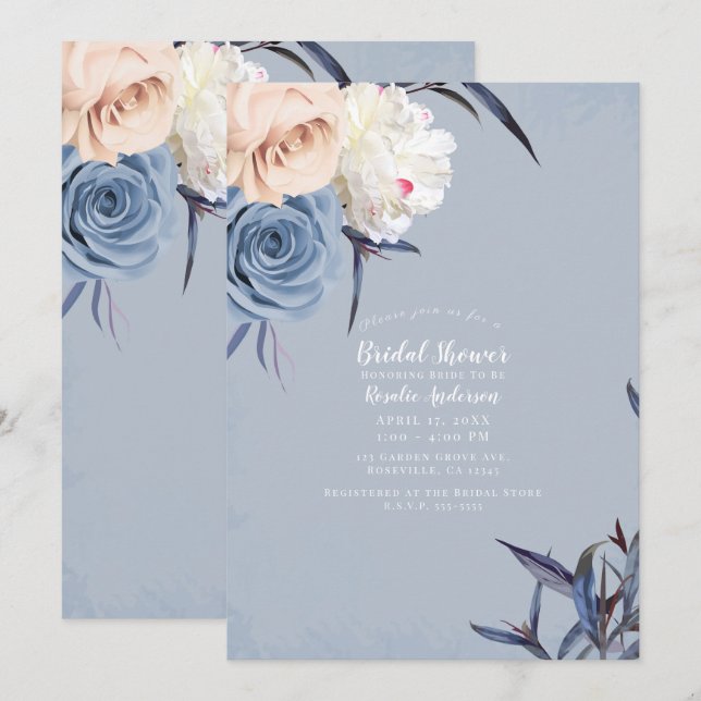 Invitación Duste Blue Gray & Peach Floral Bridal Shower (Anverso / Reverso)