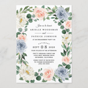 Invitación Duste Blue Gray Rubor Pink Peach Engagement Party