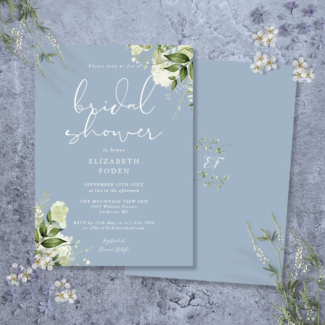 Invitación Duste Blue Greenery Floral Bridal Shower (Dusty Blue Greenery Floral Bridal Shower Invitation)